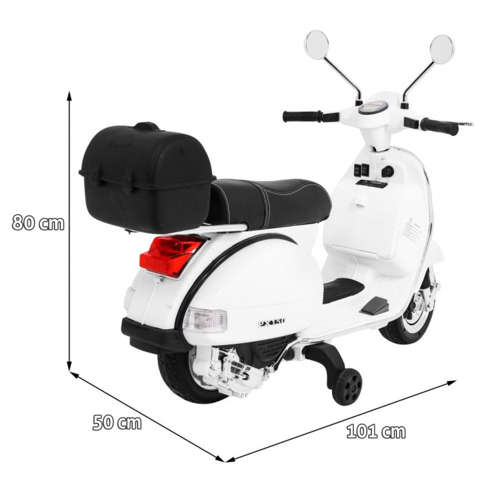 Vespa électrique enfant 12V avec MP3, USB et coffre arrière - Blanc